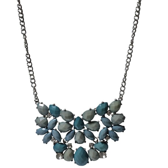 Retro 60s Statement Blue Gray Teardrop Beaded Bib Necklace Silver Tone Chain - Picture 1 of 5